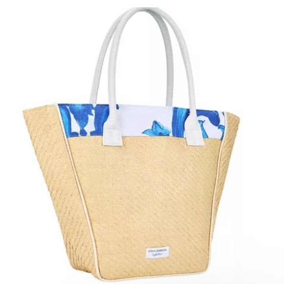 New Dolce & Gabbana Light Blue Beach Summer Straw Tote Shopper Travel Bag - Picture 1 of 12